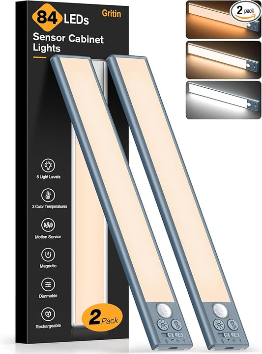 Gritin 10.2inch Under Cabinet Lighting Rechargeable -84 LED Super Bright,3-Color& 5 Level Brightness,4 Modes,Motion Sensor, Long Lasting- Easy Installation Magnetic Closet Lights -2 Pack-Sea Blue