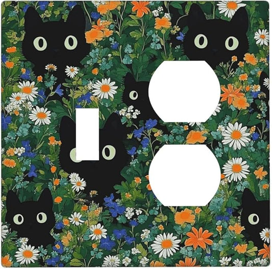 Boho Funny Black Cute Cats Daisy Wildflower Wallplates 1 Toggle 1 Duplex Switch Plate Electrical Gfci Faceplate Decorative Light Switch Covers For Kids Room Bed Room Decor
