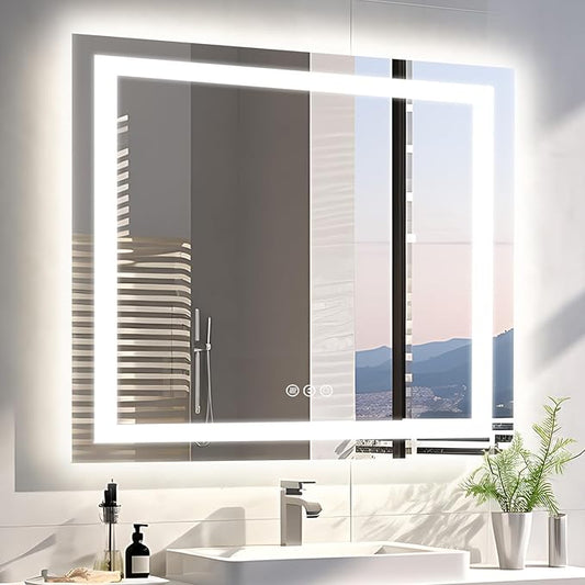 36"x36" Square LED Bathroom Mirror (Front and Backlit), Anti-Fog Vanity Mirror with Lights, Stepless 3 Colors Dimmable Smart Lighted Mirror(Horizontal/Vertical)
