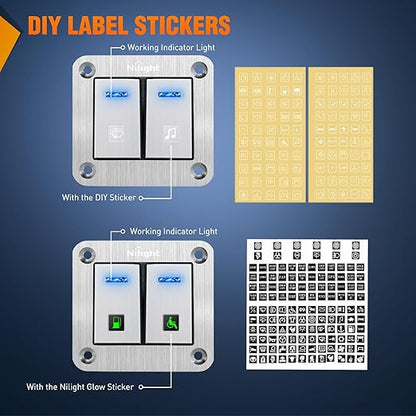 Nilight 2 Gang Rocker Switch Panel 3 Pin On Off Pre-Wired Blue LED Waterproof Aluminum with DIY Stickers for 12V 24V Automotive Cars Marine Boats UTV Truck Jeeps