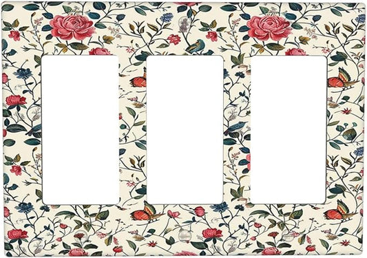 Light Switch Covers Vintage Flowers Rose Leaf Bird Butterfly 3 Gang Rocker Electrical GFCI Decorative Triple Outlet Wall Plate Cover Switchplate for Bedroom living Room Decor