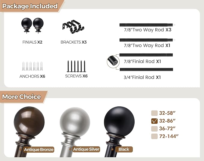 KAMANINA Curtain Rods for Windows 48 to 84 Inches, Black Curtain Rod 32 to 86 Inches (2.6-7.1ft), 7/8 Inch Decorative Drapery Rod with Round Finials