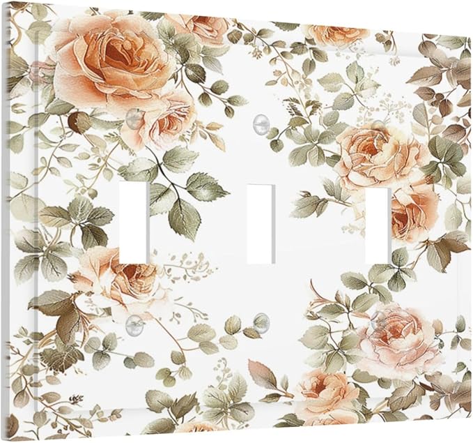 Decorative Switch Plates Vintage Warm Color Orange Flowers And Leaves 3 Gang Wall Plate Triple Toggle Light Switch Cover Faceplate Electrical Wall Panels for Bedroom living Room Decor