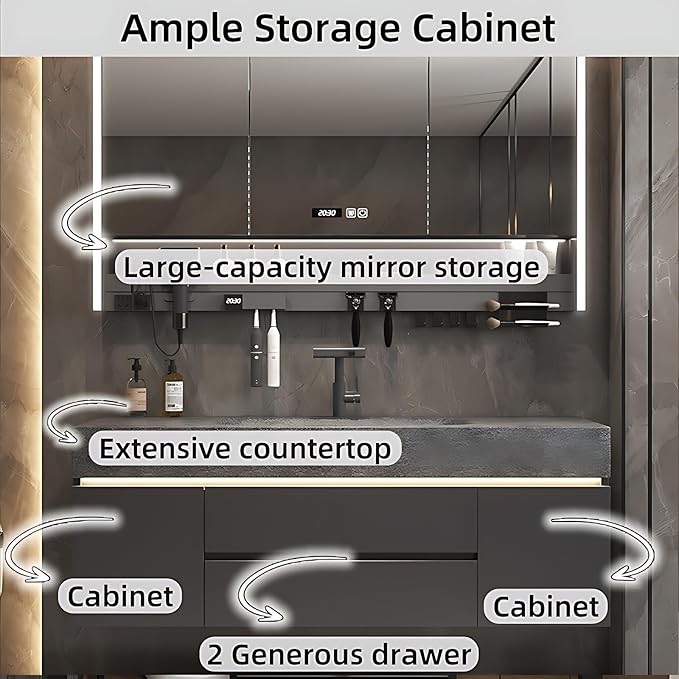 Modern Bathroom Vanity – Cabinet Set with LED Smart Defogging Mirror & Time Display | Bathroom Vanity with Sink, Large Space Storage with Easy Installation, 2 Drawers (Gray, 68IN)