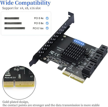 PCIe SATA Expansion Card 6 Ports 4X with ASM1166 Chip - 6Gbps, Gen 3 Controller Adapter, Non-Raid, with 6 SATA Cables & Low - Profile Bracket, Plug and Play for Windows XP/7/8/10, Linux, MAC OS