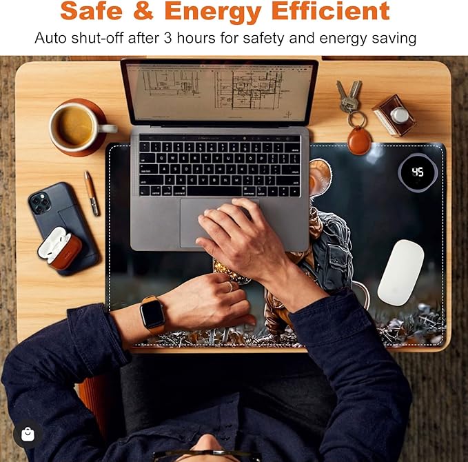 Small Heated Desk Pad 23.6" x 14.2" – Compact Electric Mouse Pad with 3 Heating Levels, Auto Shut-Off, Waterproof PU Surface, Plug-in Warmer for Office or Home Use, Mouse with Lantern