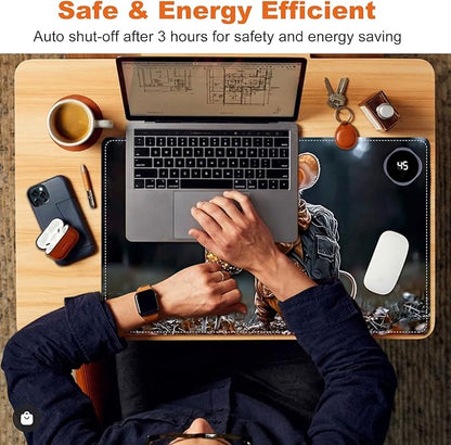Small Heated Desk Pad 23.6" x 14.2" – Compact Electric Mouse Pad with 3 Heating Levels, Auto Shut-Off, Waterproof PU Surface, Plug-in Warmer for Office or Home Use, Mouse with Lantern