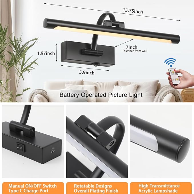 Wireless Battery Operated Picture Light,Rechargeable Wall Light with Remote and Timer,15.75 Inch Black Dimmable Painting Light,3CCT with Adjustable Swing Arm for Display Gallery Lighting