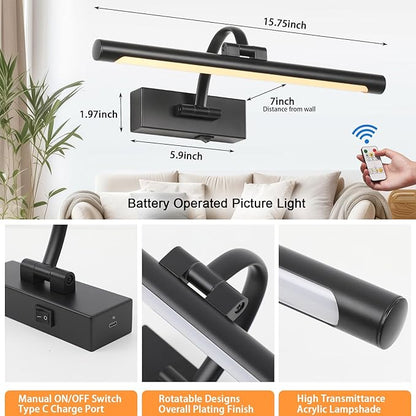 Wireless Battery Operated Picture Light,Rechargeable Wall Light with Remote and Timer,15.75 Inch Black Dimmable Painting Light,3CCT with Adjustable Swing Arm for Display Gallery Lighting