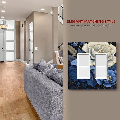 Blue White Flowers Dual Outlet Covers Wall Plate 2 Gang Rocker Decora Decorative Switchplate Electrical Faceplate GFCI Light Switch Covers for Farmhouse Living Decor