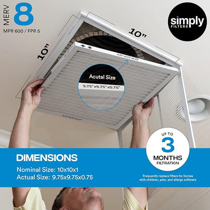 Simply 10x10x1 Air Filter, Merv 8, MPR 600, 6 Pack, Furnace Air Filter for HVAC (Actual Size: 9.75"x9.75"x0.75") DUST, Pet, & Allergy Control