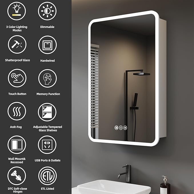 Medicine Cabinet with LED Lights and Mirror, 20 x 28 Inch Surface or Recessed Mounted Bathroom Cabinet with Door, Defogger, Memory Function, 3-Color Mode, Outlet&USB, Dimmer, Storage Shelf