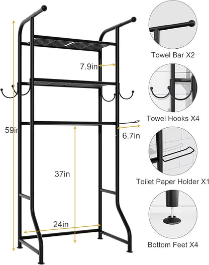 3-Tier Over The Toilet Storage Shelf，Bathroom Organizers and Storage Over Toilet，Metal Bathroom Space Saver with 2 Bars，1 Paper Holder and 4 Hooks,Black