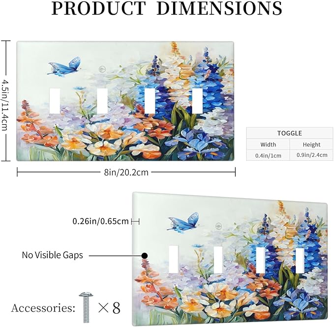 Decorative Light Switch Plate Covers Rustic Colorful Floral Garden Flowers 4 Gang Light Switch Cover Plate Quad Toggle Wall Plate Outlet Covers Faceplate for Country Bedroom Home Decor