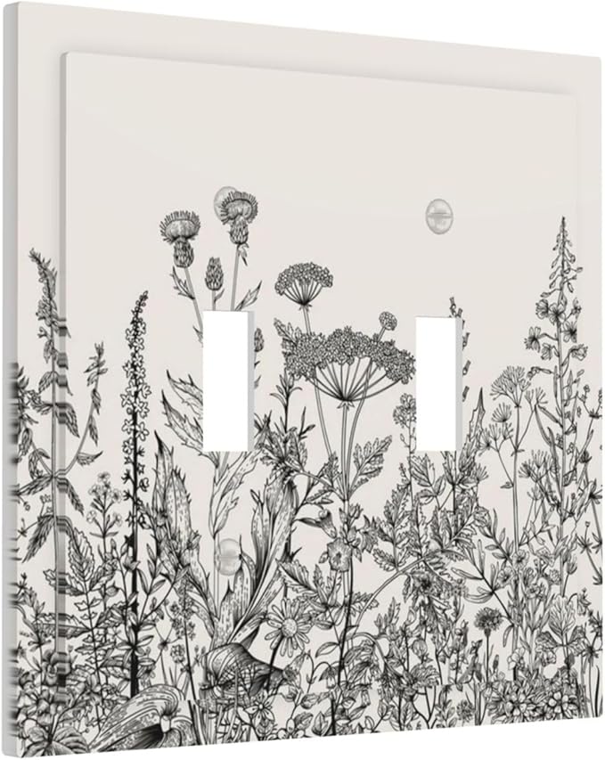 Personalized Wall Plate Decorative Light Switch Cover Black and Beige Garden Plants Flowers Double Toggle Switchplate 2 Gang Switchcovers Decora Light Switch Plate for Home Office Decor