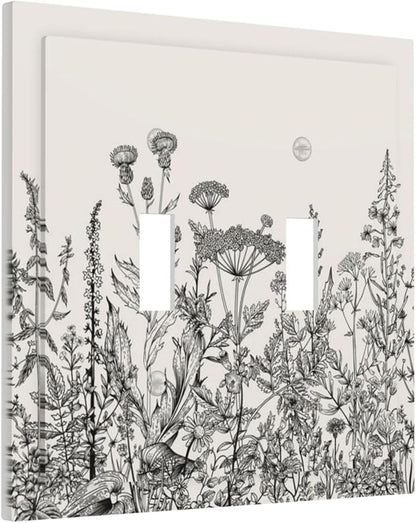 Personalized Wall Plate Decorative Light Switch Cover Black and Beige Garden Plants Flowers Double Toggle Switchplate 2 Gang Switchcovers Decora Light Switch Plate for Home Office Decor