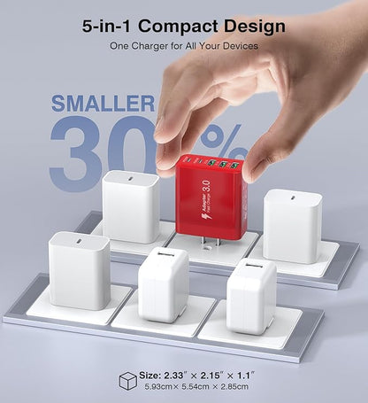 [2-Pack] USB C Wall Charger, 60W Fast USB C Charger Block, 5-Port PD Power Adapter + QC Wall Plug Multiport Type C Charging Block Cube Compatible with iPhone 17 16 15 14 13 12 Pro Max XR XS, Red