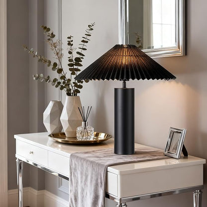 Modern Table Lamp with Metal Blade Lampshade and Cylindrical Base, E26 Bulb Compatible, Contemporary Accent Light for Living Room, Bedroom, Office (Black)