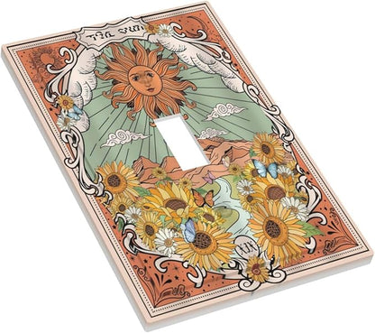 Boho Retro Sun Sunflower Vintage Flower Butterfly Decorative Light Switch Cover 1 Gang Single Toggle Device Electrical Faceplate Switchplates Decorator Outlet Wall Plate for Farmhouse Home Decor