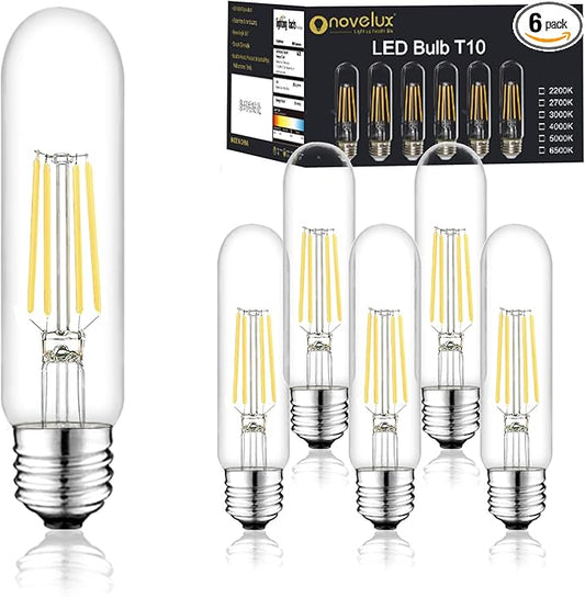 5 Inch Edison Bulb, 6000K Cool White E26 Led Bulb 6W Dimmable, 800LM T10 T9 Clear Glass Tubular Light Bulbs, AC 120V Equal 80 Watt Bulbs for Chandelier Pendant Wall Light - 6Pack