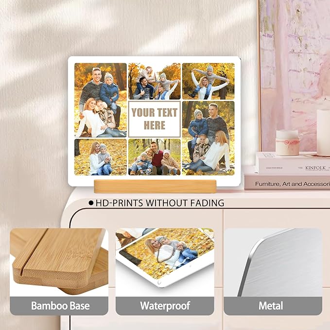 Custom Photo Prints - Metal Desktop Picture Frame with Photos Collage & Text & Wooden Base Personalized Gifts for Family Lovers Pets and Friends, Optional Multiple Sizes