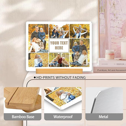 Custom Photo Prints - Metal Desktop Picture Frame with Photos Collage & Text & Wooden Base Personalized Gifts for Family Lovers Pets and Friends, Optional Multiple Sizes