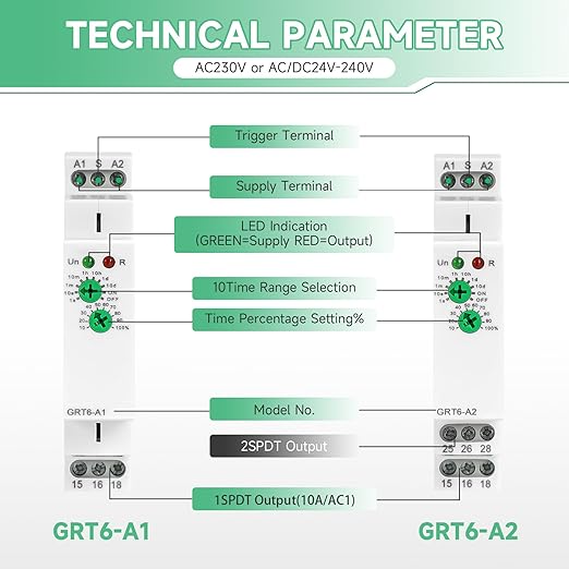 Delay On 10A Timer Relay, 24V Time Relay GRT6 A1 Voltage Range AC DC 24V to 240V DIN Rail Electronic Relays of Wide Time Delay Range for 0.1 Seconds to 10 Days