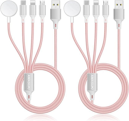 2Pack Multi Charging Cable for Apple Watch Charger 4 in 1 Travel Essentials RV Camping Essentials USB C/L/Micro Compatible with iWatch Series 11-1/iPhone 17/16/15/Android Airplane Gadgets-4FT/Pink