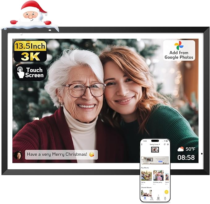 NexFoto 13.5" Digital Picture Frame 64GB, 3K Resolution Touchscreen Electronic Photo Frame, Add Pics from Google Photos, Share Photos/Videos via APP/USB, Unboxing Gift Mode, for Christmas/Mom, Black