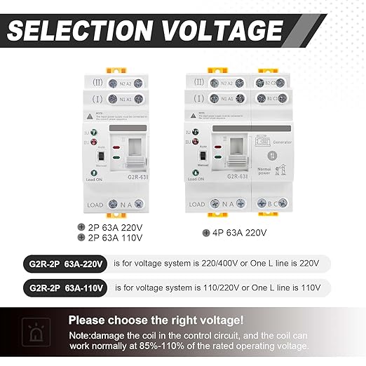 Automatic/Manual Transfer Switch 63Amp 110V, Mini ATS 2Pole AC G2R Solar Auto Dual Power Changeover Switch for Home Generator, Din Rail Mounted 50/60Hz CE Certified for Rv, Lv, Cn Public/Backup Power