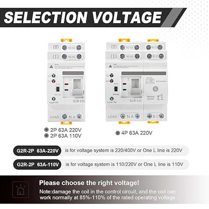 Automatic/Manual Transfer Switch 63Amp 110V, Mini ATS 2Pole AC G2R Solar Auto Dual Power Changeover Switch for Home Generator, Din Rail Mounted 50/60Hz CE Certified for Rv, Lv, Cn Public/Backup Power