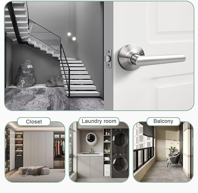 GOBEKOR 5 Pack Brushed Nickel Door Handles Interior,Heavy Duty Passage Door Handles Interior Door Levers for Hallway and Closet, Modern Sleek Round Door Locks Satain Nickel