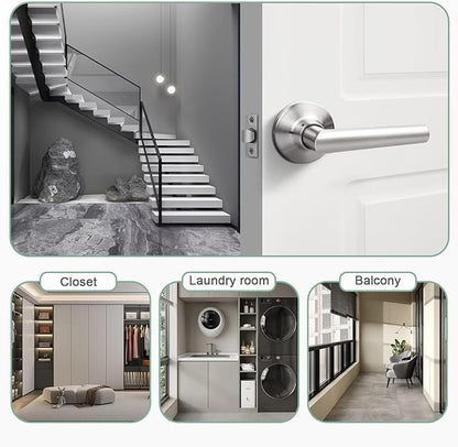 GOBEKOR 5 Pack Brushed Nickel Door Handles Interior,Heavy Duty Passage Door Handles Interior Door Levers for Hallway and Closet, Modern Sleek Round Door Locks Satain Nickel