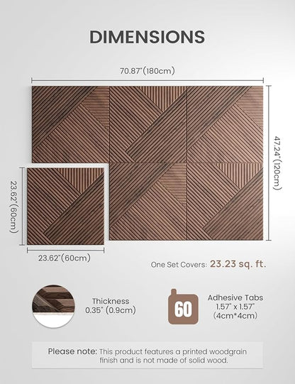 Large Felt Bulletin Board,Cork Board Alternative 70.87'' x 47.24'' Art Acoustical Wall Panels-6 Pack with 60 Adhesive Tabs,for Recording Studio/Home Offices-Walnut/Diamond
