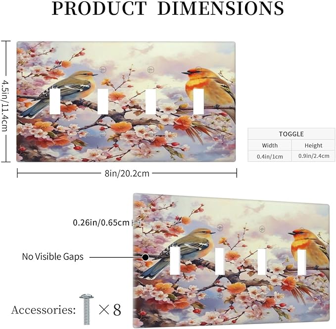 Birds Sitting on Flowers Tree Branch Light Switch Covers Quad Toggle 4 Gang Wall Plate Decorative Switch plate Electrical Faceplate for Farmhouse Living Decor
