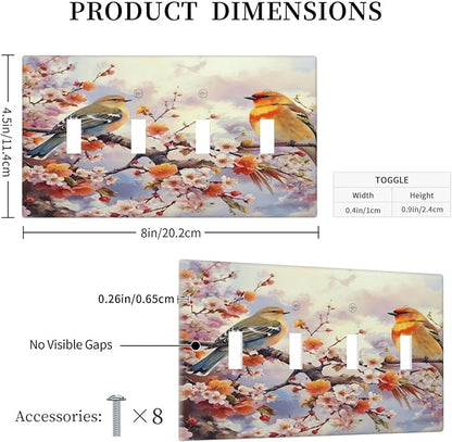 Birds Sitting on Flowers Tree Branch Light Switch Covers Quad Toggle 4 Gang Wall Plate Decorative Switch plate Electrical Faceplate for Farmhouse Living Decor