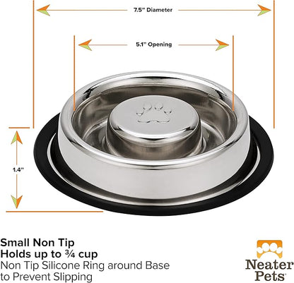 Neater Pet Brands Stainless Steel Slow Feed Bowl - Non-Tip & Non-Skid - Stops Dog Food Gulping, Bloat, Indigestion, and Rapid Eating (.75 Cup)