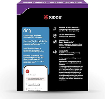Kidde Smart Smoke and Carbon Monoxide Detector, Ring App Enabled for Real-Time Notifications, Hardwired Alarm, AA Backup Battery
