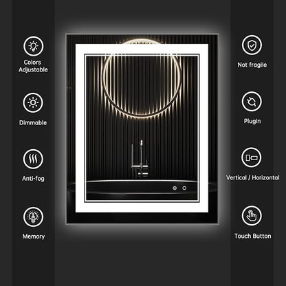 40X32 LED Bathroom Mirror with Lights,Anti-Fog,Dimmable,Lighted Bathroom Vanity Mirror for Wall, Memory Function, Waterproof, Tempered Glass