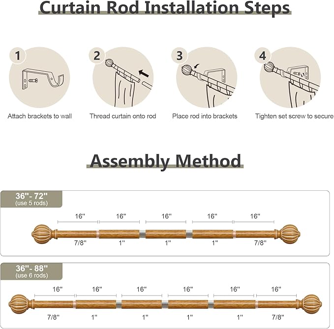 Wood Curtain Rods for Windows 48 to 84 Inch, 1'' Adjustable Heavy Duty Curtain Rod，Vintage Imitation Wood Grain Decorative Drapery Rods with Pumpkin Finials for Bedroom Living Room
