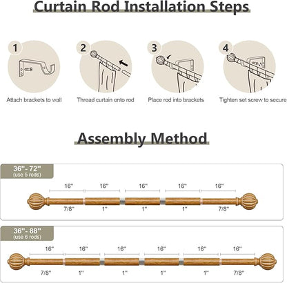 Wood Curtain Rods for Windows 48 to 84 Inch, 1'' Adjustable Heavy Duty Curtain Rod，Vintage Imitation Wood Grain Decorative Drapery Rods with Pumpkin Finials for Bedroom Living Room