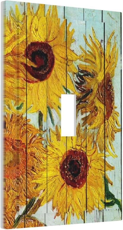 Decorative Light Switch Cover Sunflowers Oil Paintings Wood Floral 1 Gang Single Toggle Device Electrical Faceplate Switchplates Decorator Outlet Wall Plate For Farmhouse Bed Room Decor