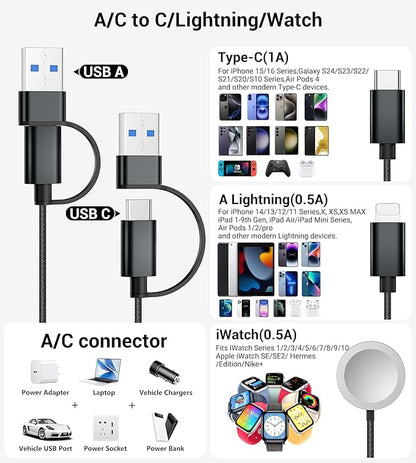 Temdan 2Pack for Apple Watch Charger, 3 in 2 Multi Charging Cable, iPhone Charger, USB A/Type C/Lightning Cable, Portable Travel Essentials Designed for iWatch Ultra/SE/11-1 & iPhone 17-12/ iPad-5Ft