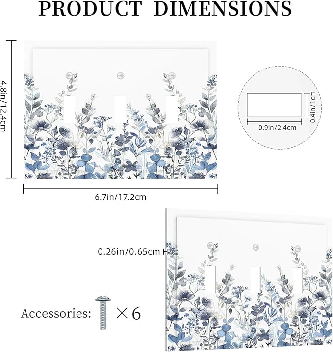 Decorative Switch Plates Light Blue Watercolor Leaves Plant With Floral 3 Gang Wall Plate Triple Toggle Light Switch Cover Faceplate Electrical Wall Panels for Bedroom Bathroom Decor