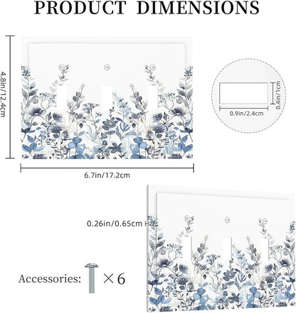 Decorative Switch Plates Light Blue Watercolor Leaves Plant With Floral 3 Gang Wall Plate Triple Toggle Light Switch Cover Faceplate Electrical Wall Panels for Bedroom Bathroom Decor