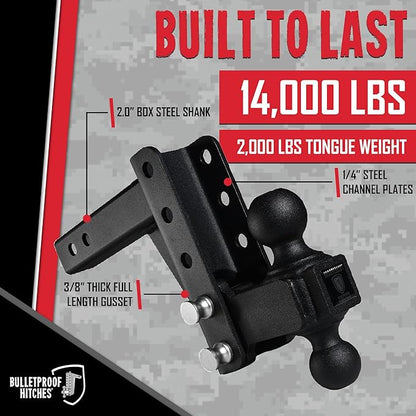 BulletProof Hitches - 2.0" Adjustable Medium Duty Trailer Hitch (14,000 lb. Rating) - 4" Drop/Rise Trailer Hitch with 2" & 2-5/16" Dual Ball - Powder Coat, Box Steel, Corrosion-Resistant