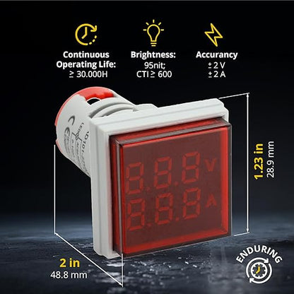 LED Voltage Display Panel Mount Volt Amp Meter, AD101-22VAMS 22mm Square Voltmeter and Ammeter, AC50-500V Voltage and 0-100A Current Meter, Red (3 Pack)