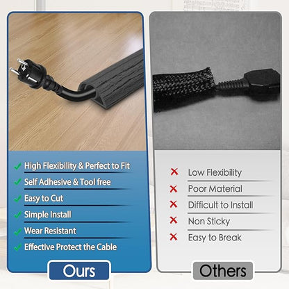 Floor Cord Cover for Wires on Floor Self Adhesive Cord Hider Floor Cable Management Wire Covers for Cords Protector Prevent Cable Trips Cord Cavity W 0.32" x H 0.32", Deep Gray Wood, 3.3Ft