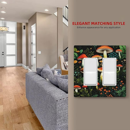 Decorative Outlet Covers Boho Red Mushroom Green Leaf Plants Floral 2 Gang Wall Plate Double Rocker Switch Light Switch Plate Covers Jumbo Dual Electrical GFCI Switch Cover Plate