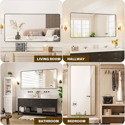 72X36 Inch Black Metal Framed Bathroom Mirror for Wall, Rounded Rectangle Mirror, Matte Black Bathroom Vanity Mirror, Environmentally Friendly Resin Mirror, Anti-Rust